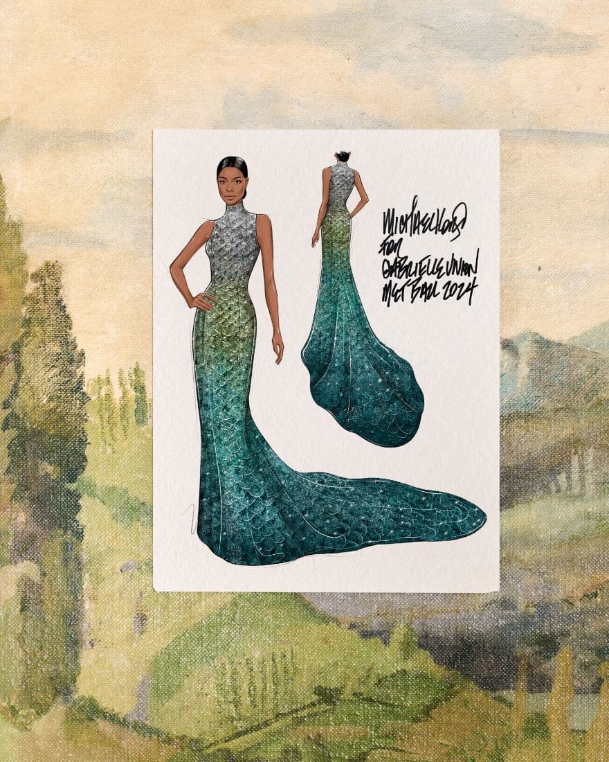 metallic ombré tulle mock-neck mermaid gown