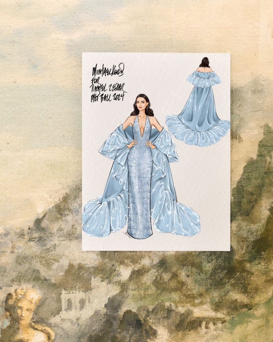 pale blue tulle plunging halter gown and matching taffeta-and-tulle opera coat