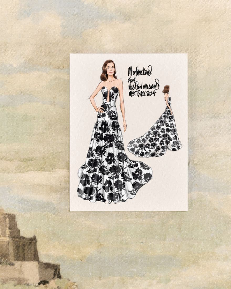 black-and-white floral chiné jacquard drop-waist gown
