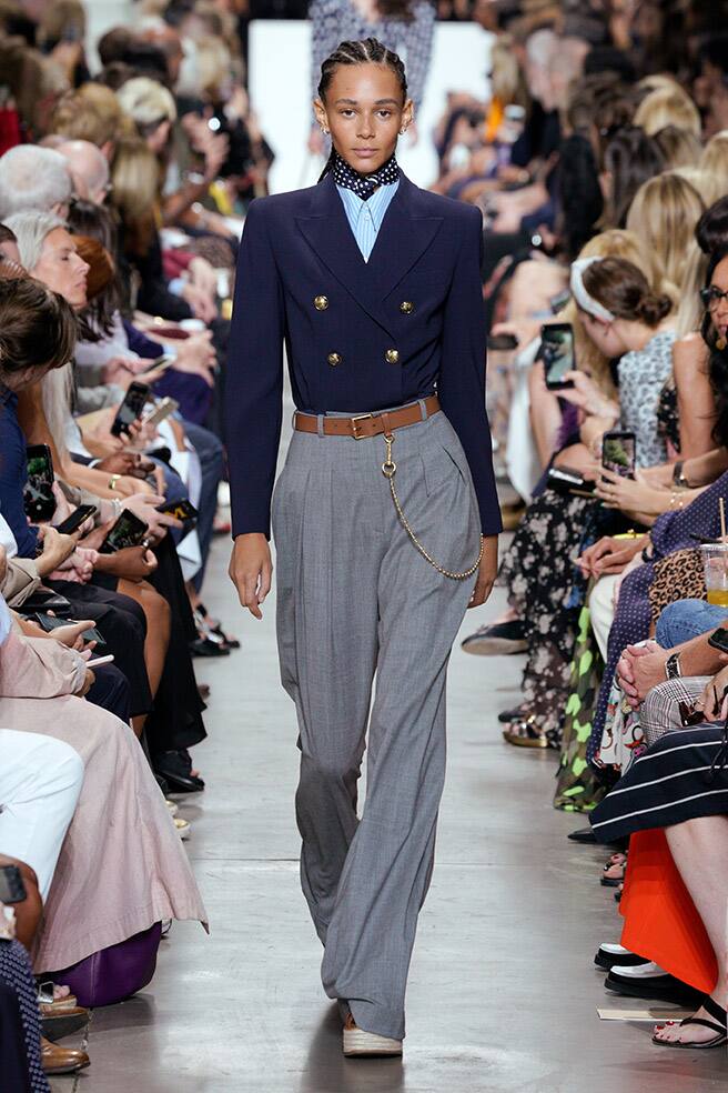 LOOK 7 - MIDNIGHT WOOL SERGE BLAZER BODYSUIT, SKY/WHITE NAUTICAL STRIPE POPLIN DICKEY, BANKER STRETCH TROPICAL WOOL PLEATED TROUSER