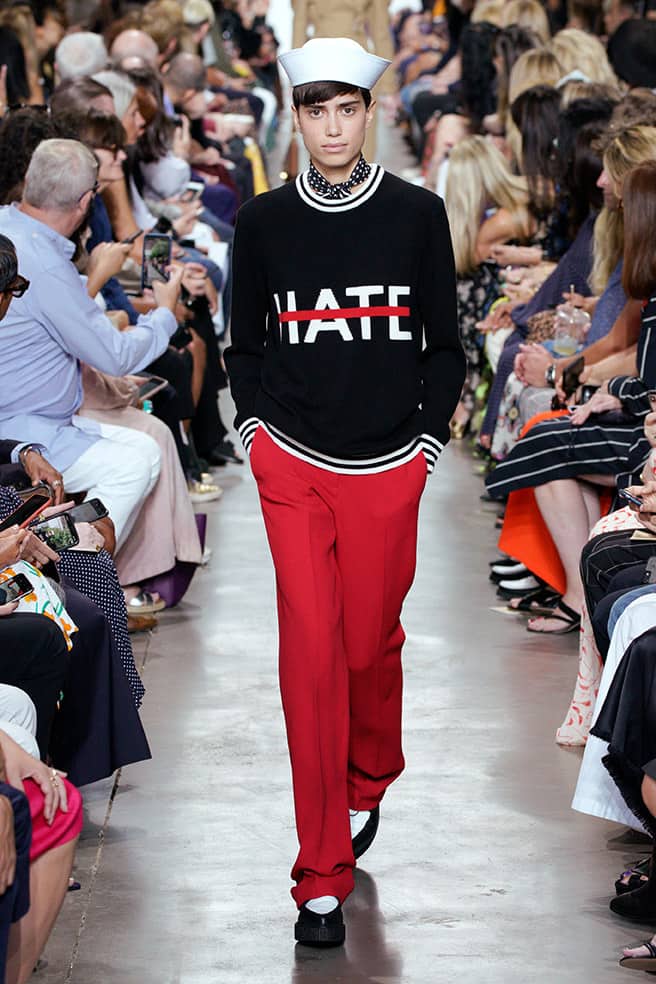 LOOK 45 - BLACK/WHITE INTARSIA CASHMERE PULLOVER, CRIMSON DOUBLE CREPE SABLÉ TROUSER