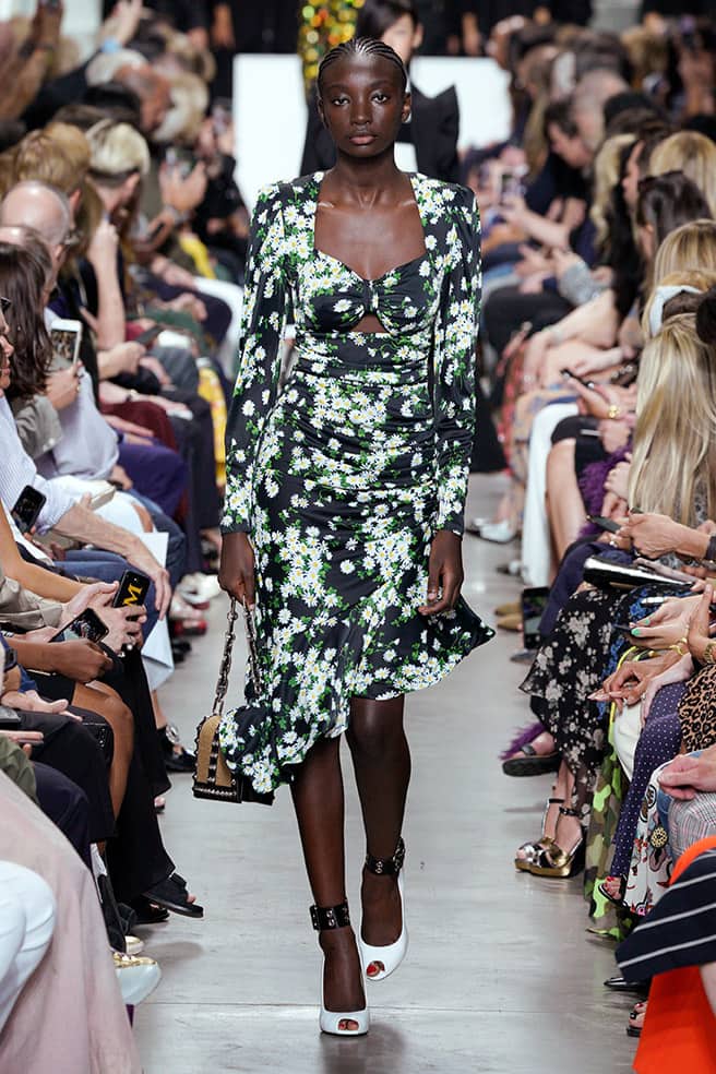 LOOK 59 - BLACK/WHITE/GREEN DAISY SATIN JERSEY RUCHED ASYMMETRIC DRESS, COURTNEY SHOULDER BAG