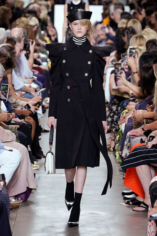 LOOK 62 - BLACK BONDED WOOL/COTTON GABARDINE BUTTERFLY OFFICER’S COAT, BLACK/WHITE STRIPE VISCOSE TURTLENECK DICKEY, SIMONE SHOULDER BAG