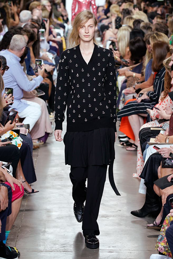 LOOK 69 - BLACK/SILVER ANCHOR EMBROIDERED CASHMERE PULLOVER, BLACK WOOL SERGE KILT TROUSER