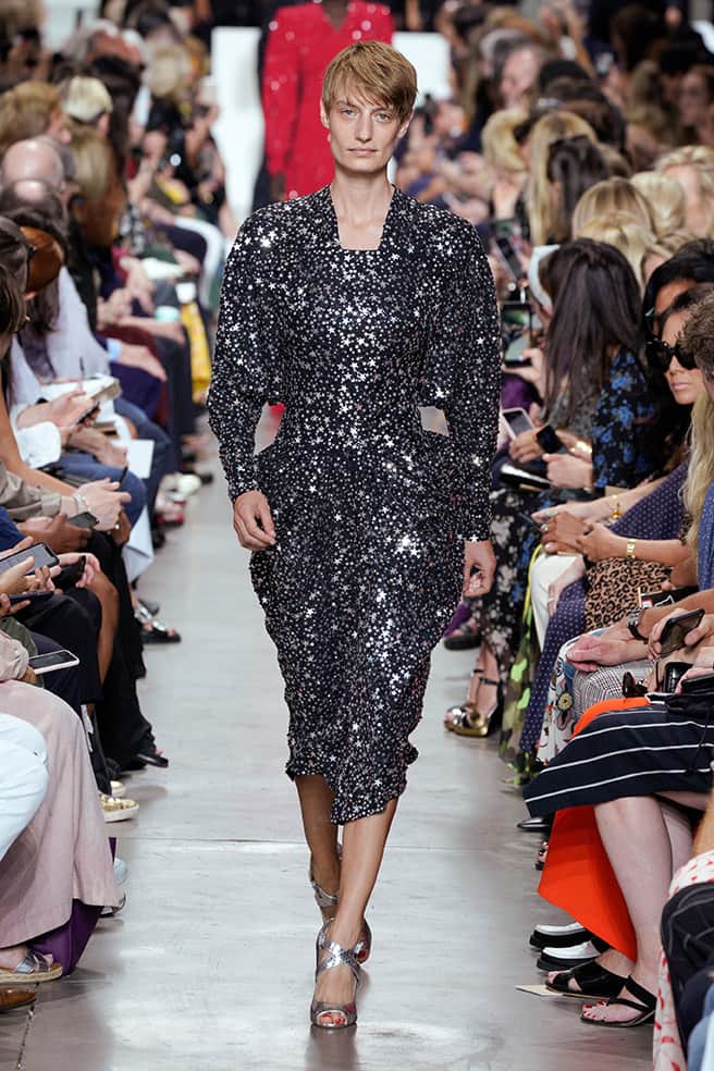 LOOK 72 - BLACK CREPE SABLÉ DRAPED DRESS WITH SILVER STAR SEQUIN EMBROIDERY