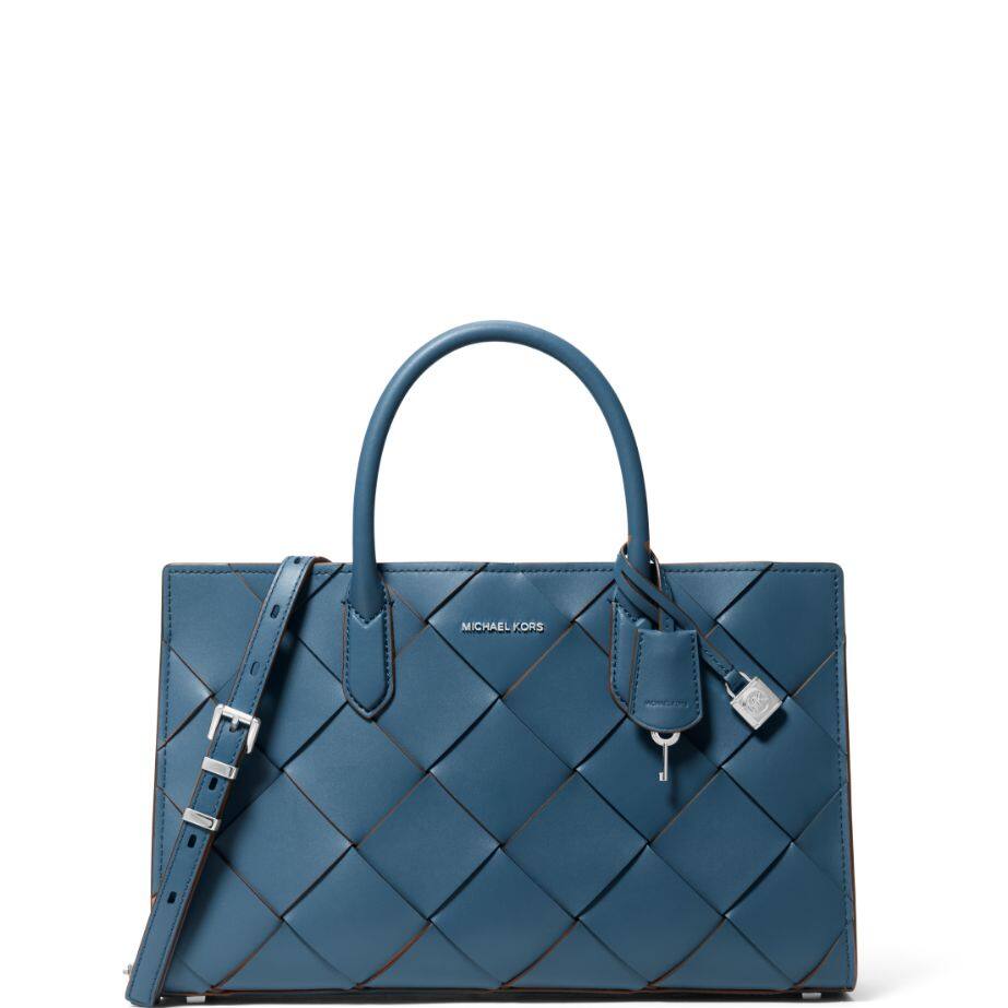 blue woven satchel