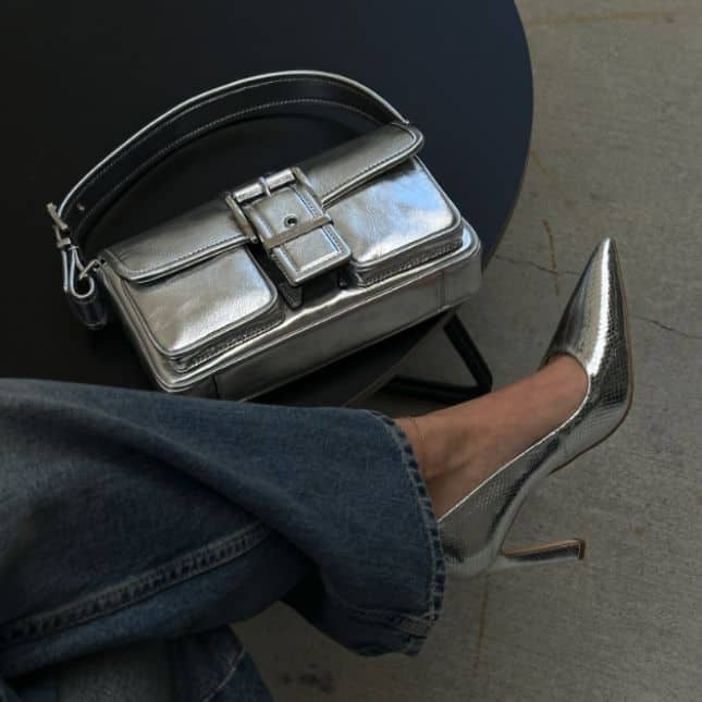 silver metallic colby handbag and amara shoe